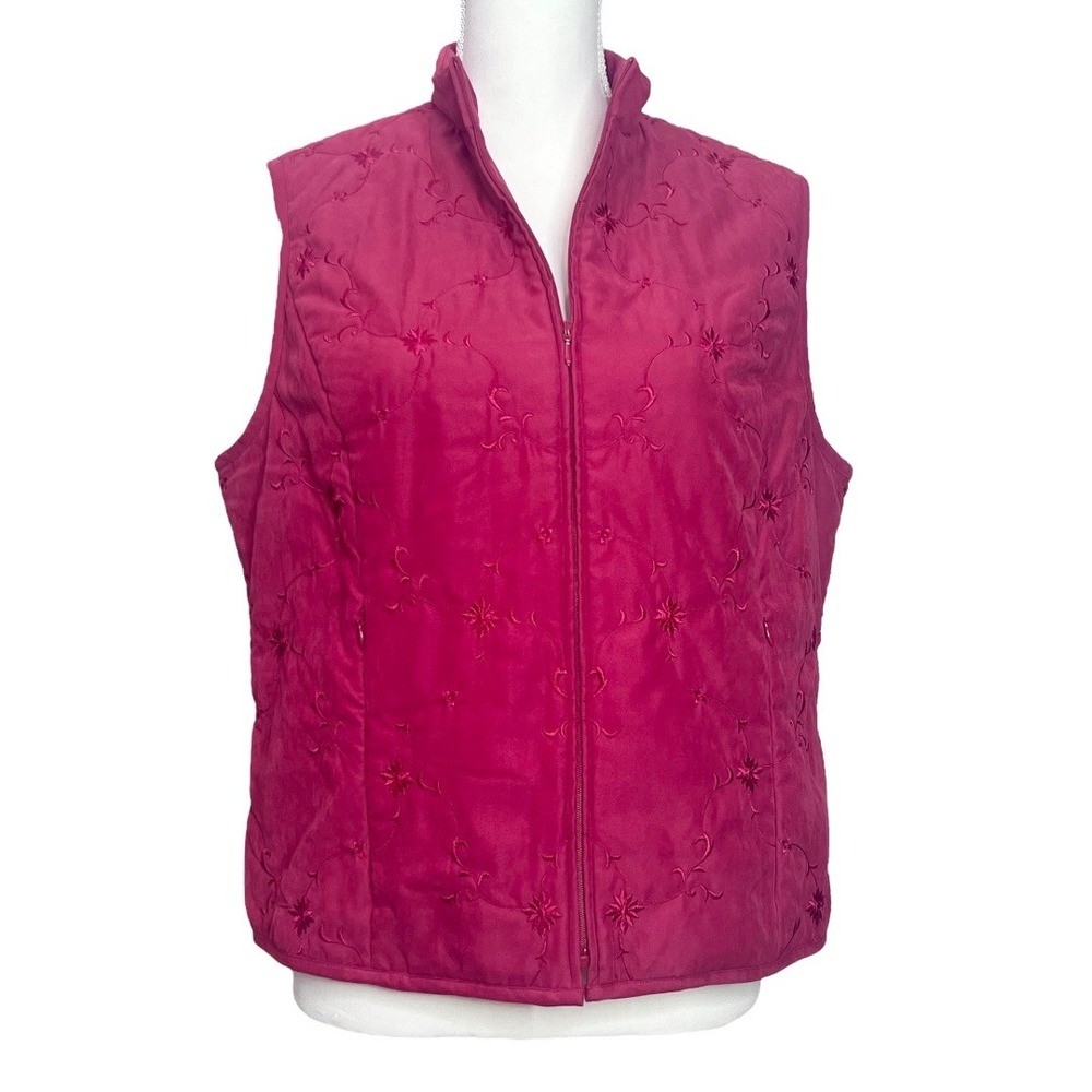 Talbots‎ Petites Vest Womens M Red Embroidered Floral Quilted Sleeveless Top